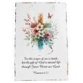 水の色かわいらしクロスフラワークリスチャン復活祭 ミディアムペーパーバッグ (裏面)