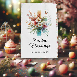 水の色かわいらしクロスフラワークリスチャン復活祭 ミディアムペーパーバッグ