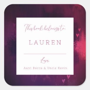 水の色かわいらしハートバレンタイン蔵書票 スクエアシール