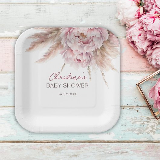 水の色かわいらしフローラピンク赤ちゃんシャワー ペーパープレート