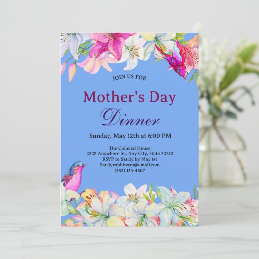 水の色かわいらしフローラホワイトマザーズデイディナー 招待状 (スタンド正面)