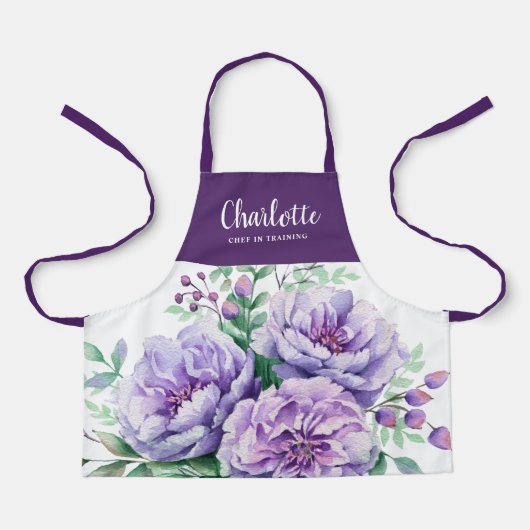 水の色かわいらしフローラ女の子シェフトレーニング薄紫 エプロン (正面)