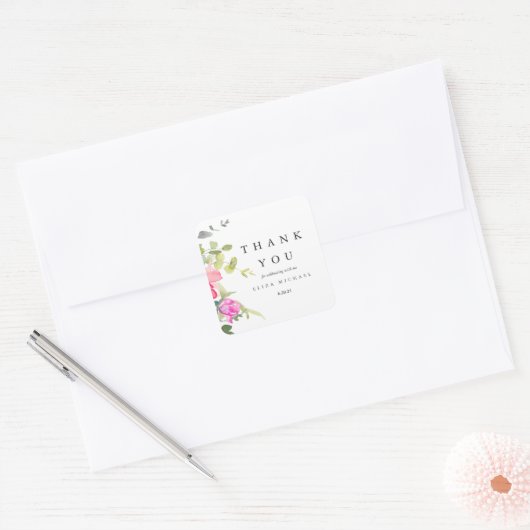水の色かわいらしフローラ赤ちゃんシャワーありがとう スクエアシール (封筒)