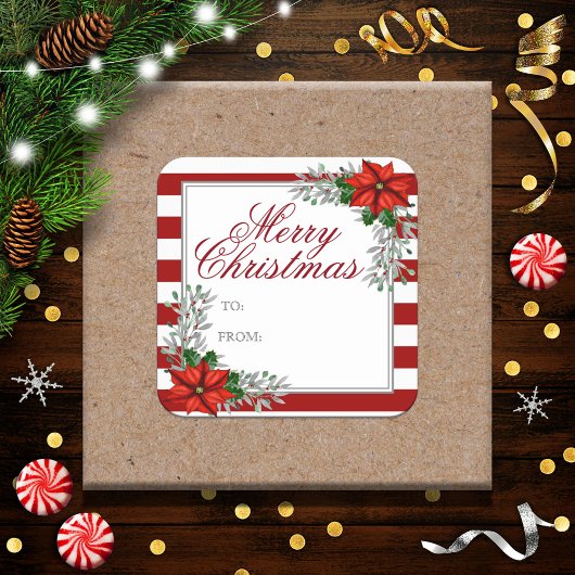 水の色かわいらしポインセチアのクリスマスプレゼントラベル スクエアシール