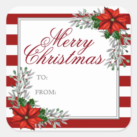 水の色かわいらしポインセチアのクリスマスプレゼントラベル スクエアシール (正面)