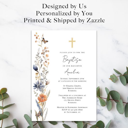 水の色かわいらしワイルドフラワークロス洗礼 招待状