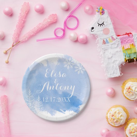 水の色がモダン跳ね上がる青い冬の結婚式 ペーパープレート (パーティー)