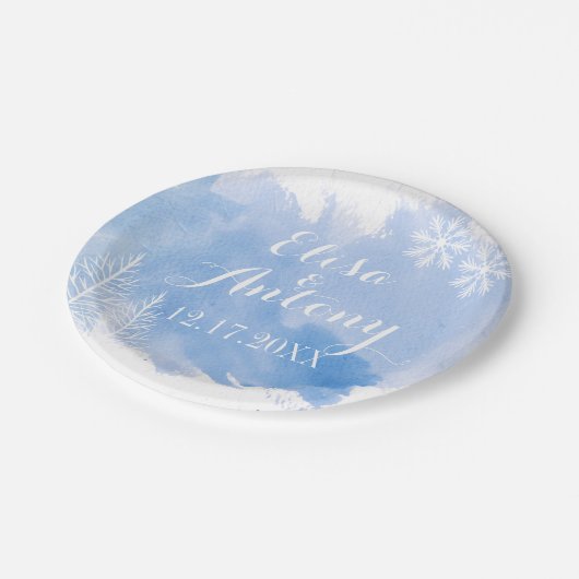 水の色がモダン跳ね上がる青い冬の結婚式 ペーパープレート (アングル)