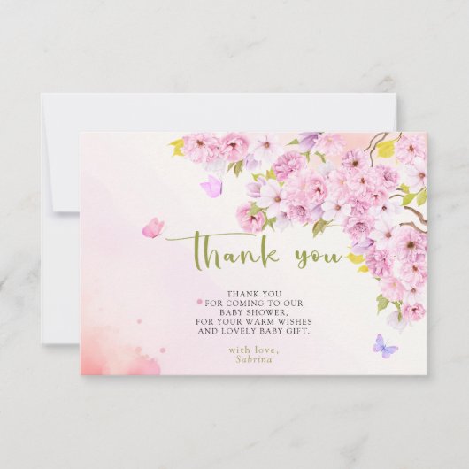 水の色さくらんぼ花ありがとう赤ちゃんシャワー サンキューカード (正面)