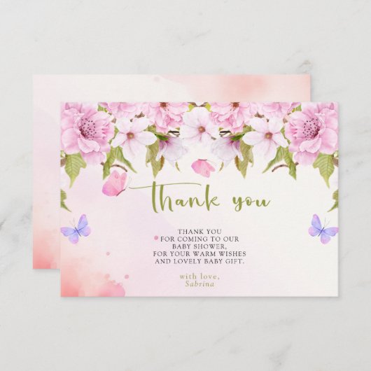 水の色さくらんぼ花ありがとう赤ちゃんシャワー サンキューカード (正面/裏面)