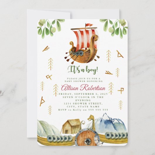 水の色それが男の子のバイキングパーティーベビーシャワー 招待状 (正面)