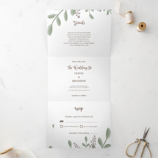 水の色でミニマルな緑結婚のフローラ 三つ折り招待状 (内部)