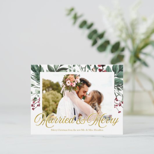 水の色と結婚したメリークリスマスの写真 ポストカード (スタンド正面)