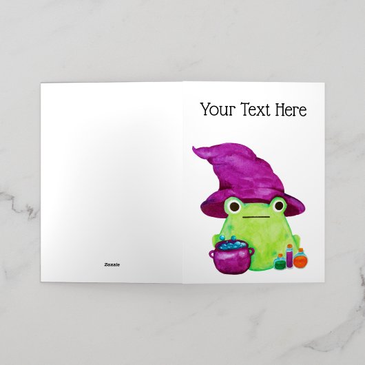 水の色のおしりとポーション付き魔女カエル 箔グリーティングカード (外側レイダウン)