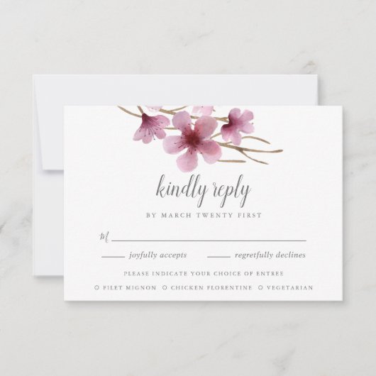 水の色のさくらんぼ花の食事の選択RSVP 出欠カード (正面)