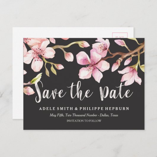 水の色のさくらんぼ花の黒の日付を保存 案内ポストカード (正面/裏面)