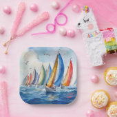 水の色のアートワーク帆船レガッタ ペーパープレート (パーティー)