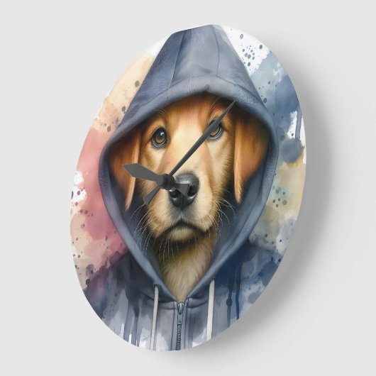 水の色のアートワーク茶色の犬のフード付きスウェットシャツ(ばちゃばちゃ)跳ねる ラージ壁時計 (傾斜)