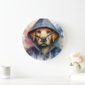 水の色のアートワーク茶色の犬のフード付きスウェットシャツ(ばちゃばちゃ)跳ねる ラージ壁時計 (ホーム)