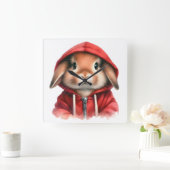 水の色のアートワーク赤いフード付きスウェットシャツの茶色うさぎ スクエア壁時計 (ホーム)