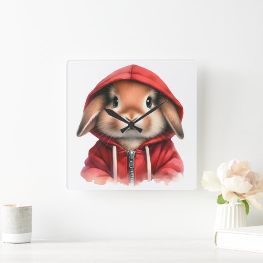 水の色のアートワーク赤いフード付きスウェットシャツの茶色うさぎ スクエア壁時計 (ホーム)