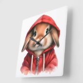 水の色のアートワーク赤いフード付きスウェットシャツの茶色うさぎ スクエア壁時計 (傾斜)