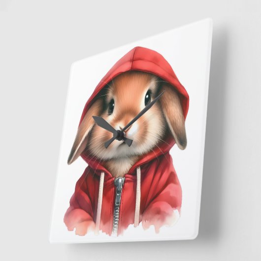 水の色のアートワーク赤いフード付きスウェットシャツの茶色うさぎ スクエア壁時計 (傾斜)