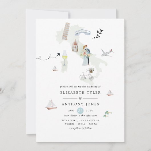 水の色のイタリアン目的地の結婚式 招待状 (正面)