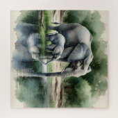 水の色のイラストレーションのママとベビーゾウ ジグソーパズル (横)