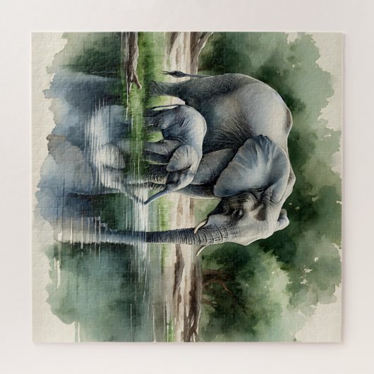 水の色のイラストレーションのママとベビーゾウ ジグソーパズル (横)