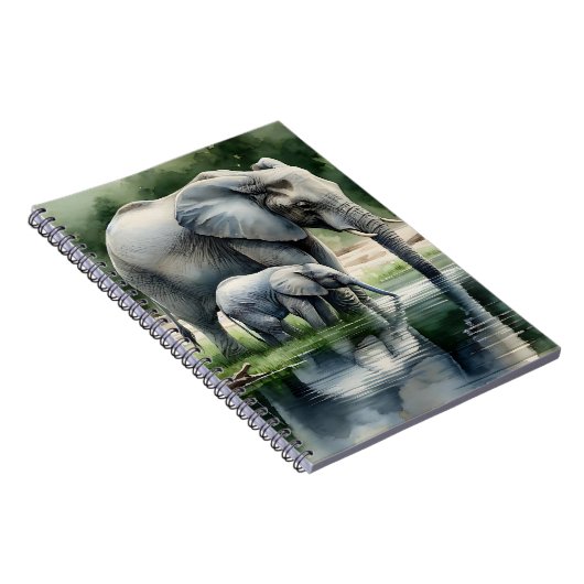 水の色のイラストレーションのママとベビーゾウ ノートブック (右側)