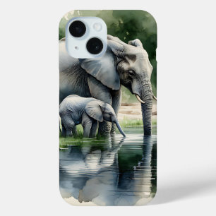 水の色のイラストレーションのママとベビーゾウ iPhone 15ケース