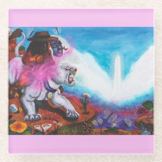 水の色のイラストレーションボーイライド白いライオネス ガラスコースター (正面)