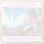 水の色のイラストレーションボーイライド白いライオネス ガラスコースター (裏面)