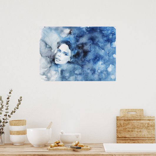 水の色のインクポートレートの女絵画性 ポスター (キッチン)