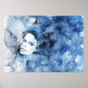水の色のインクポートレートの女絵画性 ポスター