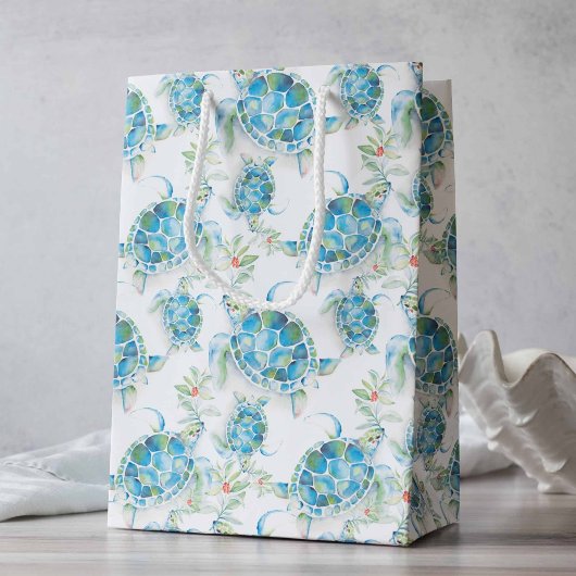 水の色のウミガメビーチクリスマス ミディアムペーパーバッグ