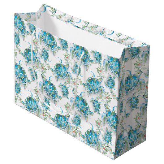水の色のウミガメビーチクリスマス ラージペーパーバッグ (正面アングル)