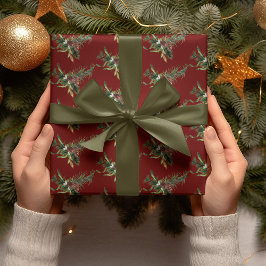 水の色のエバーグリーンブランチonクランベリーレッド ラッピングペーパー