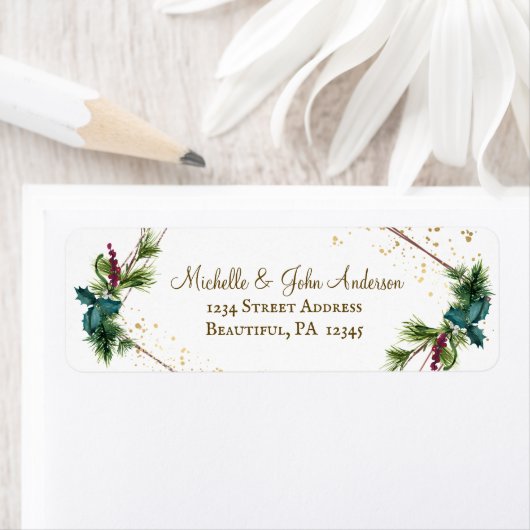 水の色のエバーグリーン金ゴールドフレームクリスマス ラベル (インサイチュ)