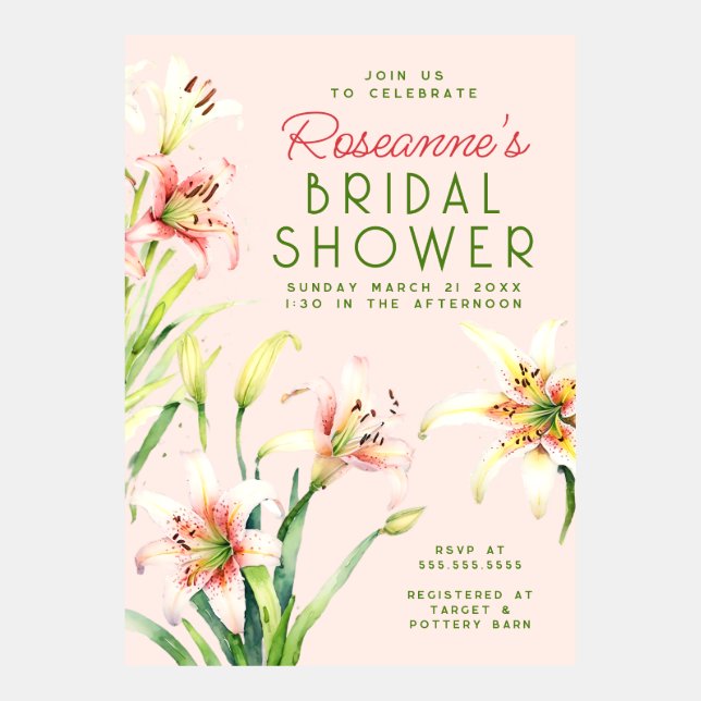 水の色のエレガントリリーブライダルシャワー招待 招待状 (正面)