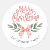 水の色のエレガント弓ピンクのメリークリスマス ラウンドシール (正面)