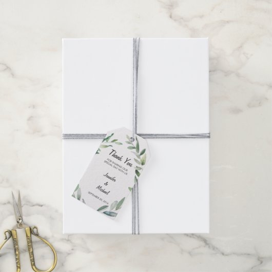 水の色のオリーブの枝葉の結婚s Thank You ギフトタグ (より糸付き)