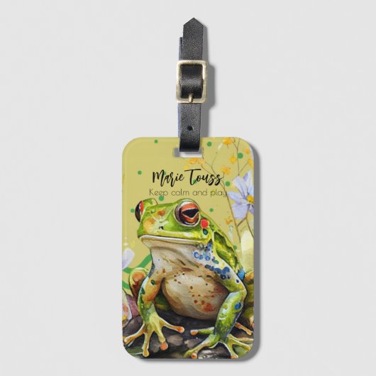 水の色のカエルおもしろいのカスタム文字と名前 ラゲッジタグ (正面縦)
