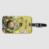 水の色のカエルおもしろいのカスタム文字と名前 ラゲッジタグ (正面横)