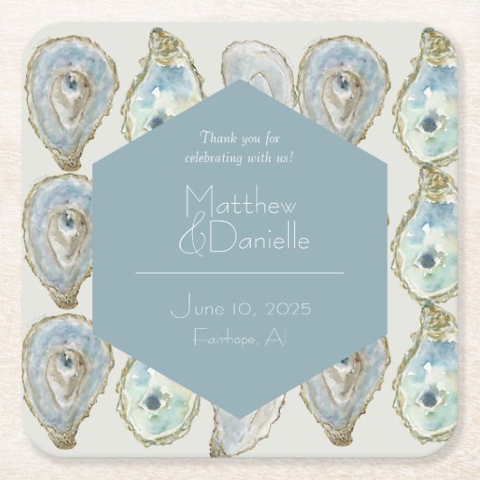 水の色のカキ結婚ーの – ほこりっぽい青 スクエアペーパーコースター (正面)