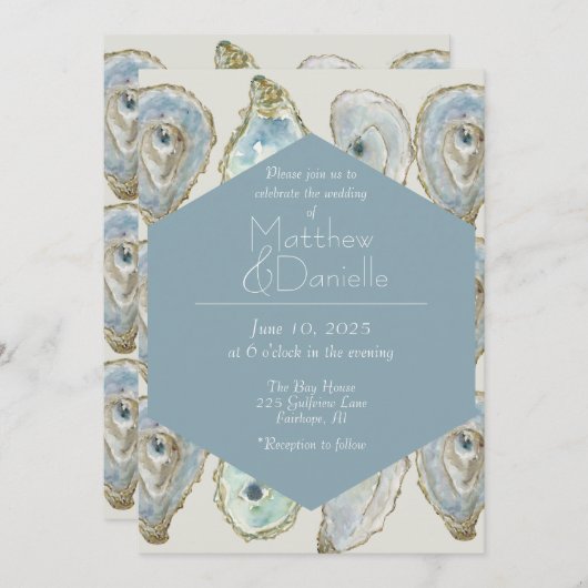 水の色のカキ結婚ーの – ほこりっぽい青 招待状 (正面/裏面)