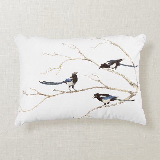 水の色のカササギの鳥の家族の木でチャット アクセントクッション (正面)