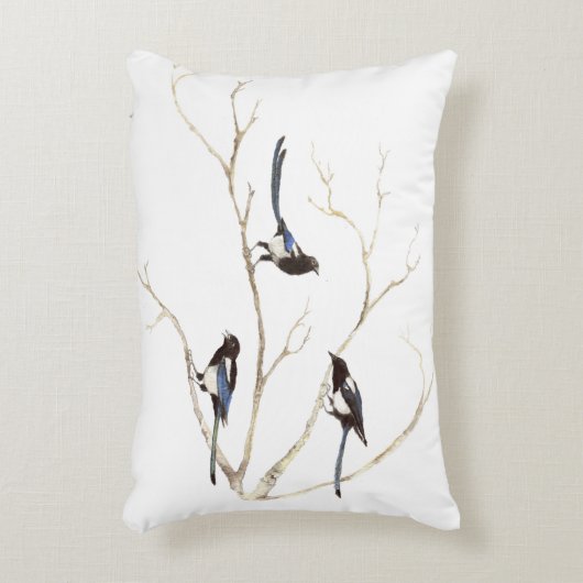 水の色のカササギの鳥の家族の木でチャット アクセントクッション (正面(垂直))
