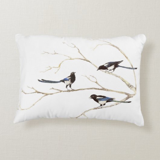 水の色のカササギの鳥の家族の木でチャット アクセントクッション (裏面)